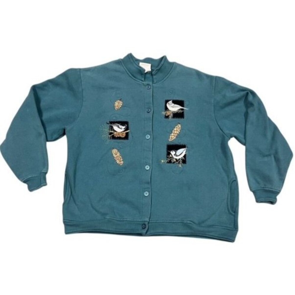 Vintage Artisans Embroidered Birds Cottagecore Button Up Sweatshirt Cardigan L